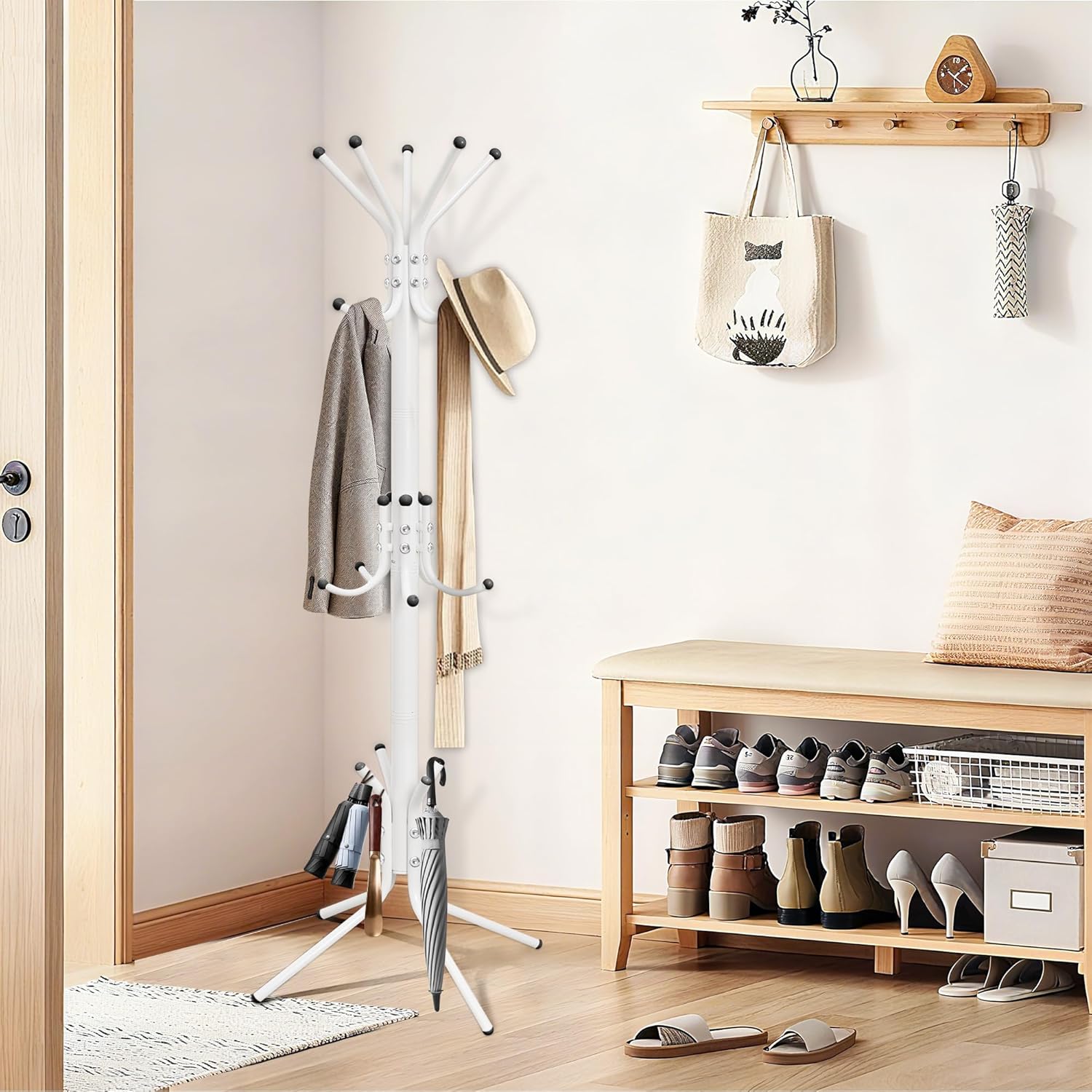 Metal Coat Rack, Freestanding Coat Tree & Hall Tree with 15 Hooks, Sturdy Coat Rack Stand and Hat Rack, Coat Hanger for Entryway, Bedroom, Office for Jackets, Hats, Bags,White