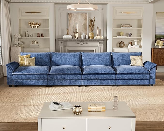 Homall 159" Modular Sectional Sofa, Linear Sofa Couch with Double-Layer Cushion, DIY Combination Chenille Deep 4-Seat Cloud Couch for Living Room, Apartment (Dark Blue, Linear Sofa)