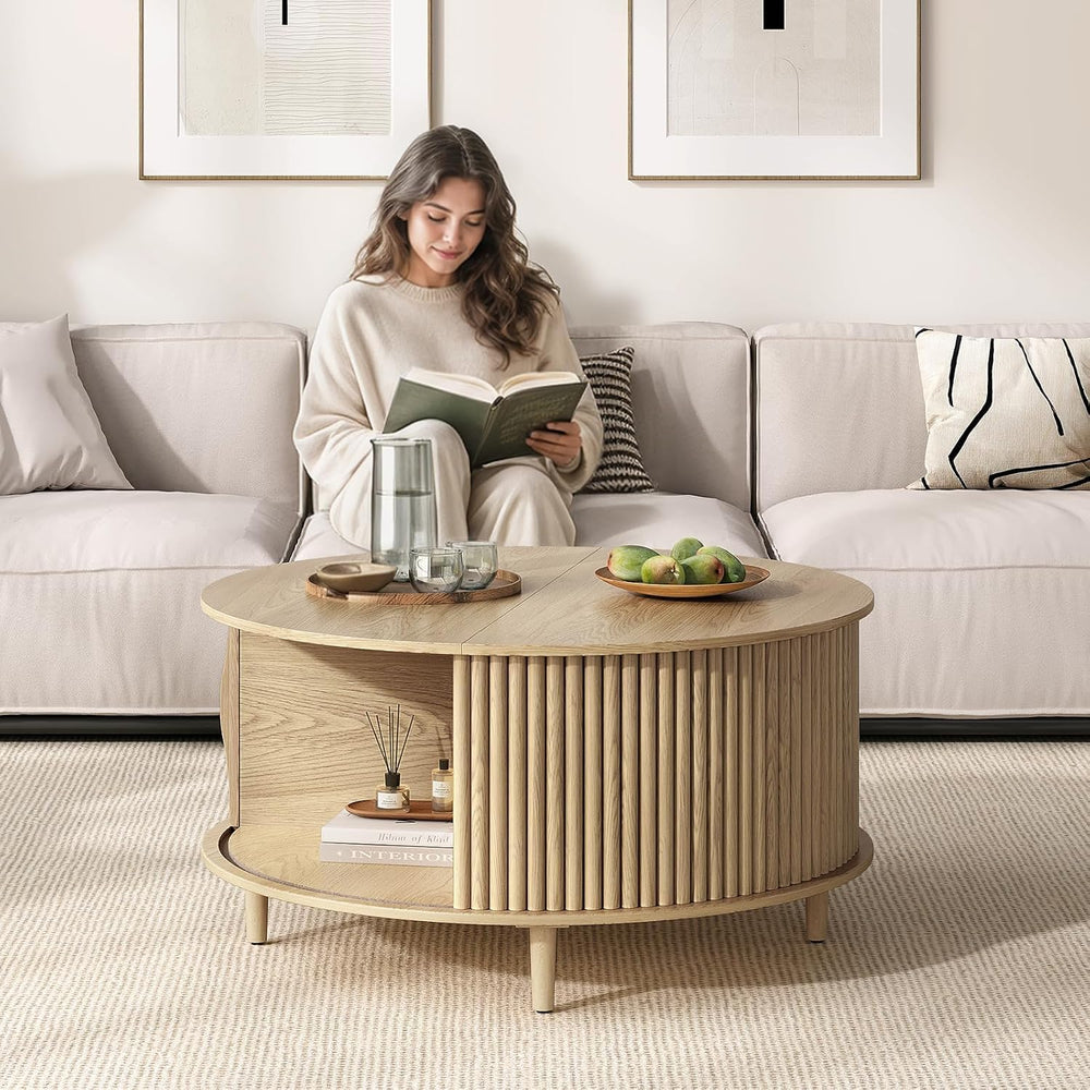 JOINICE 31.5" Round Coffee Table with Storage for Living Room, Natural Oak