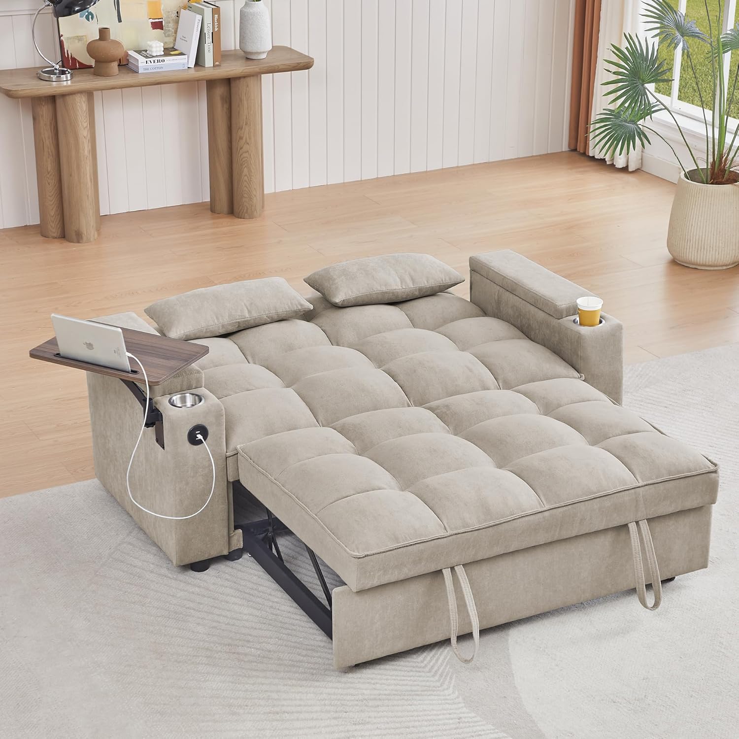 Auvsoce 65'' Convertible Sleeper Sofa Bed with Adjustable Backrest, Chaise Lounge, Side Table & USB/Type-C Ports – Stylish & Functional Addition to Any Living Room (Khaki)