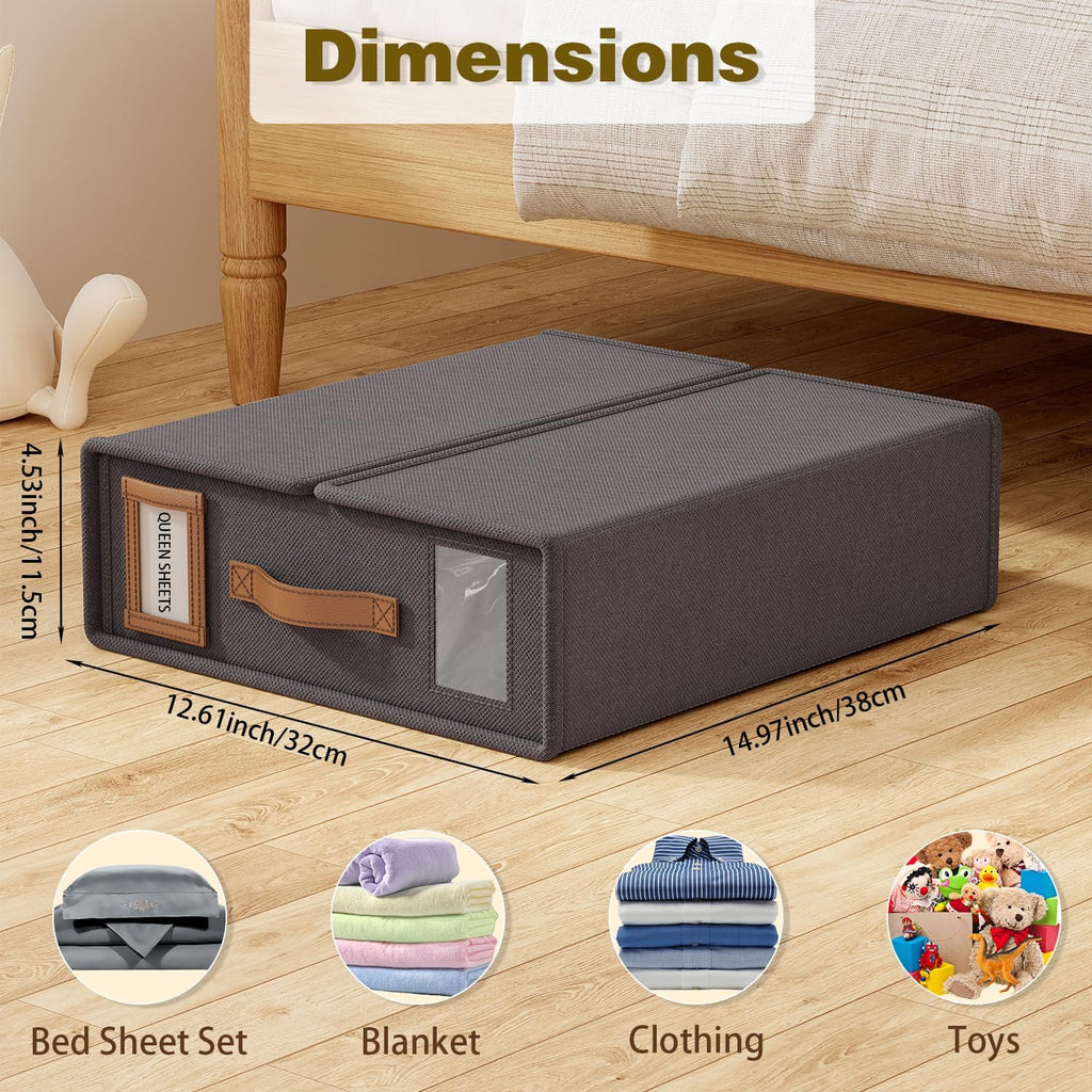 Bed Sheet Organizers and Storage (4 Pack, Queen & King Size) – Foldable Linen Closet Organizers with Window & Label, Zipper Bedding Storage Box for Sheets, Duvet Covers, Pillow Cases – Gray