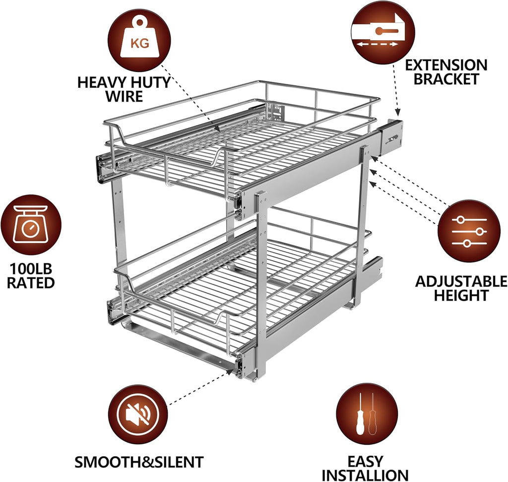 2-Tier Pull Out Cabinet Organizer (17.5" W x 22" D), Pull Out Shelves and Drawer for Kitchen Pantry Storage Basket, Heavy-Duty Metal Sliding Shelf, Chrome Finish
