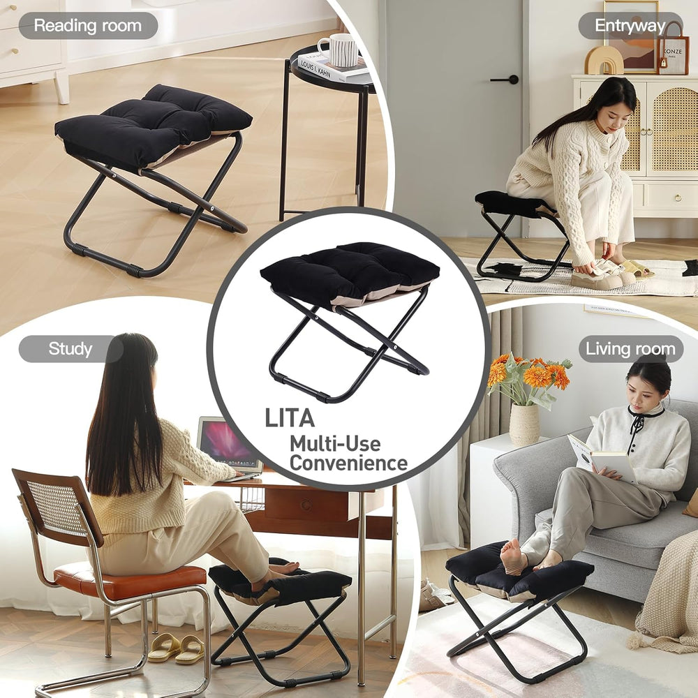 LITA Folding Footrest Stool, Portable Ottoman Foot Rest, Upholstered Small Fo...