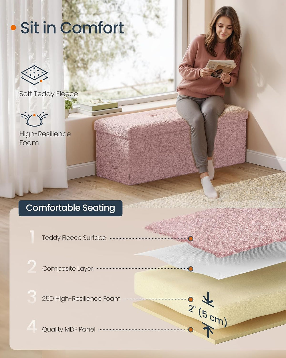 SONGMICS Large Folding Storage Ottoman Bench, 15 x 43 x 15 Inches | Foot Rest...