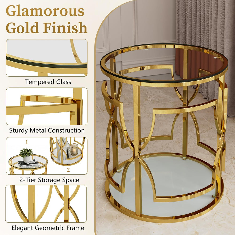 Polibi 19.7" Round Gold Metal End Table with Tempered Glass Top & 2-...
