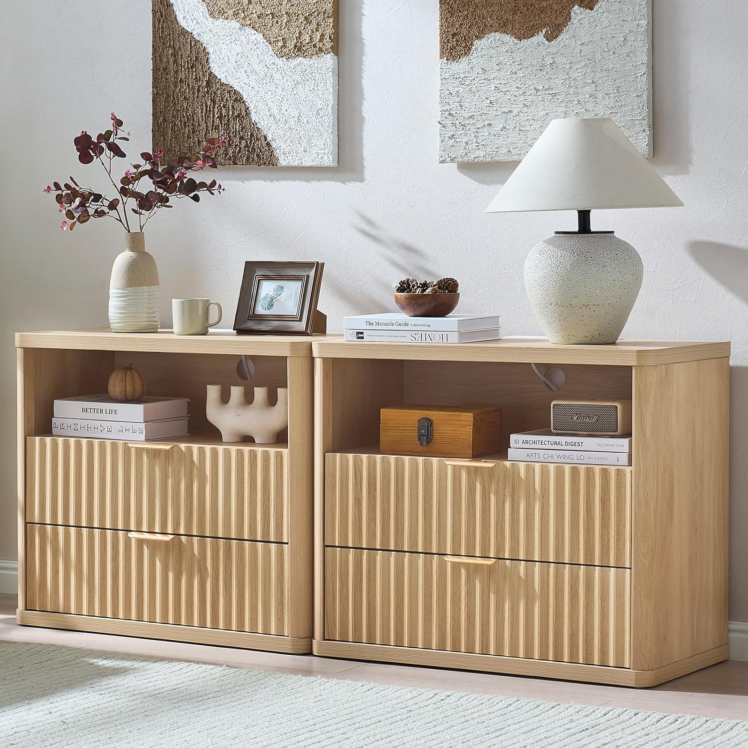 LEYAOYAO 31" Wide Fluted Nightstand Set of 2 with Charging Station, Oversized Extra Large 2 Drawers Night Stand,Natural Wood Bedside Table,Tall End Tables,Modern Chest of Drawers Dressers for Bedroom