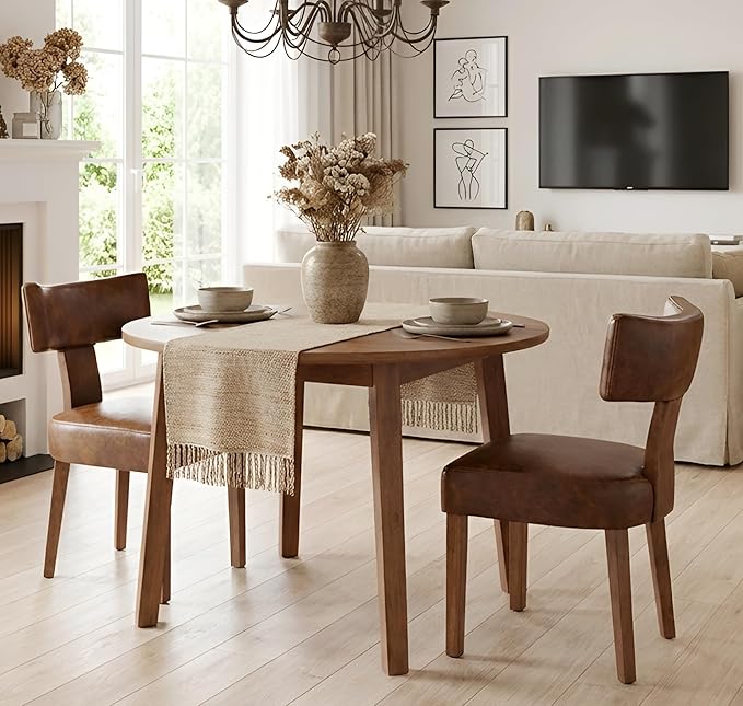 Brown Leather Dining Chairs Set of 2, Upholstered Wooden Dining Room Chairs, Mid Century Modern Farmhouse PU Kitchen Chairs, Accent Armless Side Chairs with Curved Back for Living Room, 2PCS