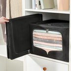 FHSQX 3 Pack Clothes Storage Bins Foldable Metal Frame Storage Box Stackable Linen Fabric Organizer Set with Carrying Handles and Clear Window (Black, 15.7x11.8x7.8inch(22L))