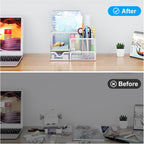 EasyPAG Mesh Desk Organizer with Drawer Multi-Functional Pen Holder Stationery Organizer for Office School Supplies 6 Compartments Dorm Organizers and Storage for Desk, White