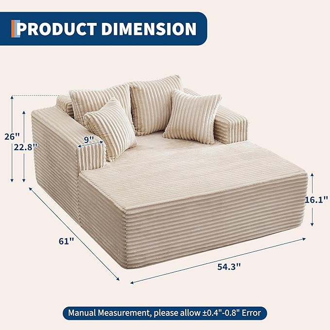 54.3"W Oversized Chaise Lounge Chair Indoor, Boneless Corduroy Sleeper Sofa Bed with 4 Pillows, Armrests, Comfy Fluffy Reading Couch, No Assembly Required Cloud Sofa for Living Room, Bedroom, Office