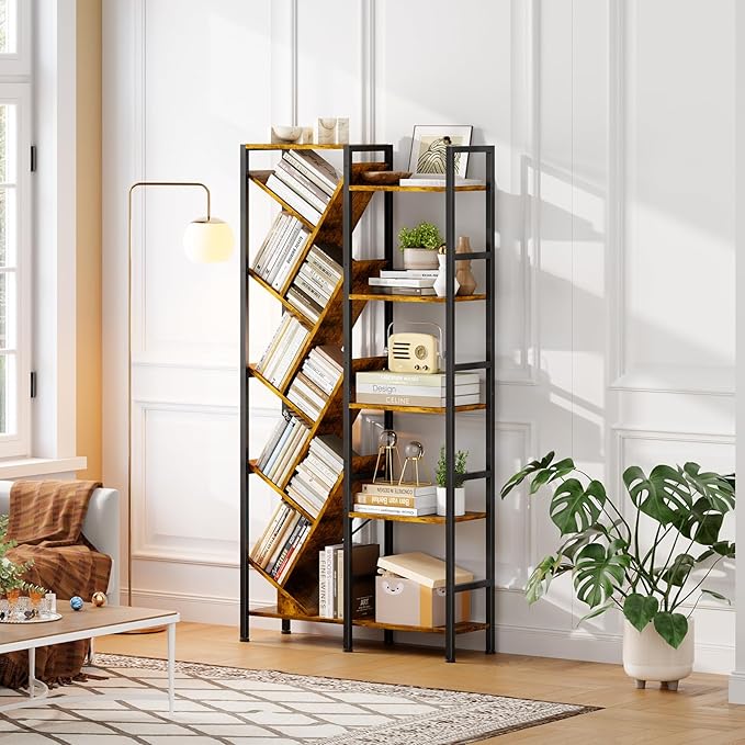 5-Tier Double Wide Bookshelf 67" , Industrial Tree BookShelves, Vintage ...
