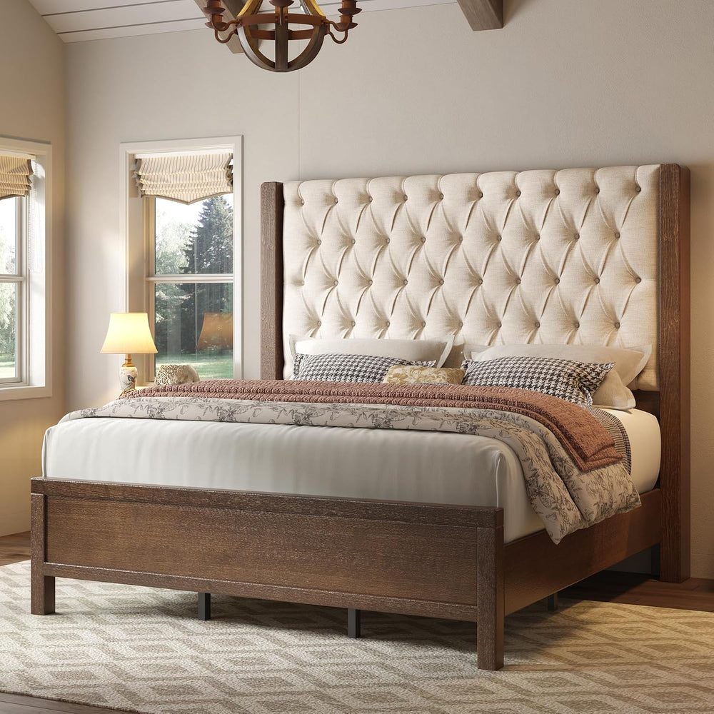 Jocisland King Size Solid Wood Bed Frame,57" Wingback Headboard,Walnut