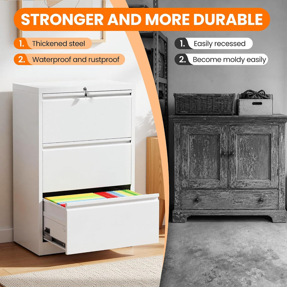 3 Drawer Metal Lateral File Cabinet with Lock,White Filing Cabinet | Heavy Du...
