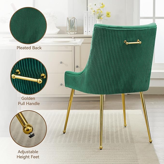 Velvet Dining Chairs Set of 4 Gold Legs,Upholstered Velvet Accent Chairs, Pleated Back Design & Gold Pull Handle, Mid Century Modern Chairs for Dining/Kitchen/Living Room,Green