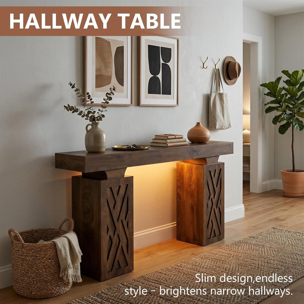63-Inch Modern Console Table with LED & Outlet, Farmhouse Entryway Table ...