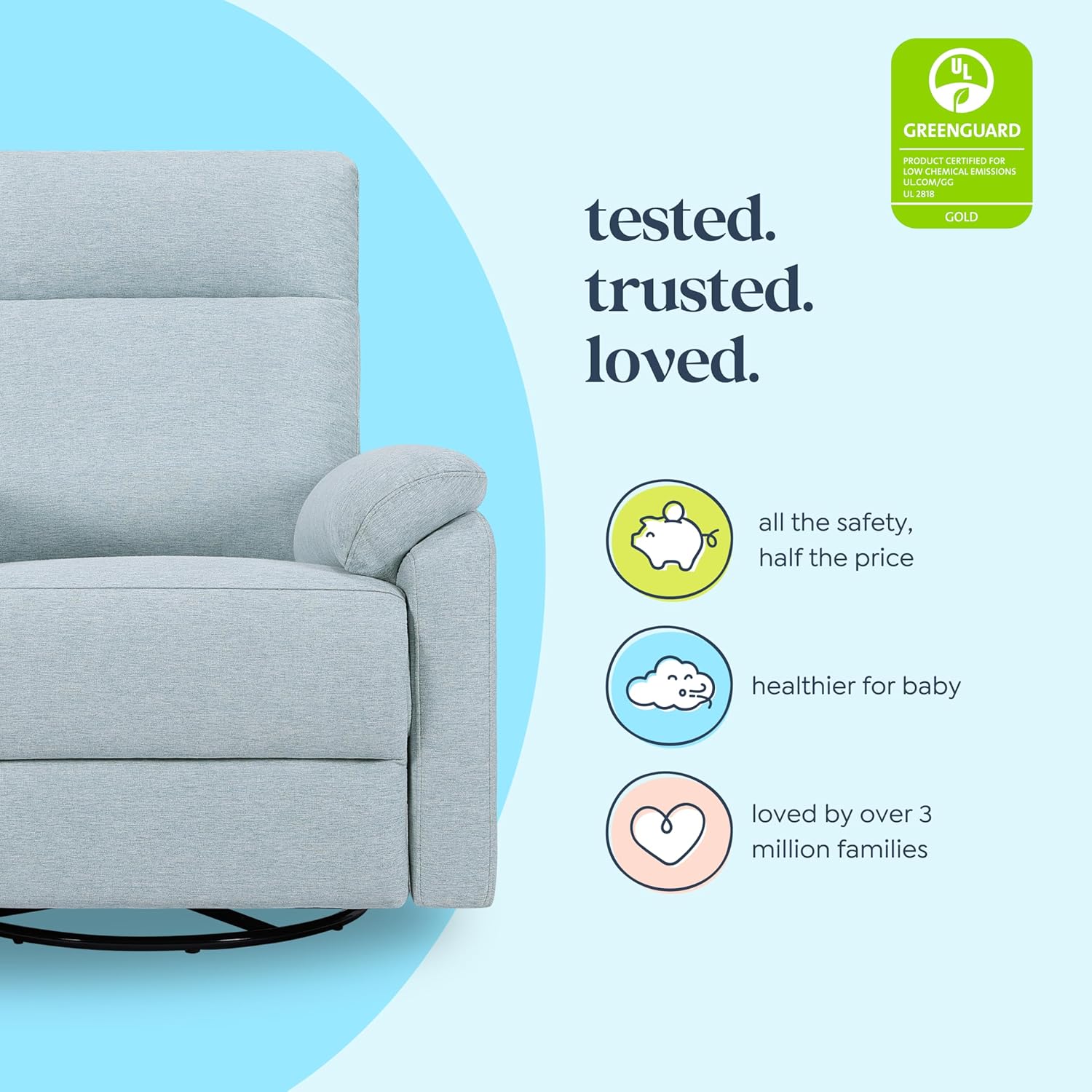 Davinci Suzy Swivel Recliner in Heathered Blue, GREENGUARD Gold & CertiPUR-US® Certified