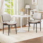 Dining Chairs Set of 4, Mid-Century Modern Upholstered PU Leather Chairs with Walnut Bentwood Back and Metal Legs Adjustable Feet for Kitchen Dining Room, Off-White Shell Strips