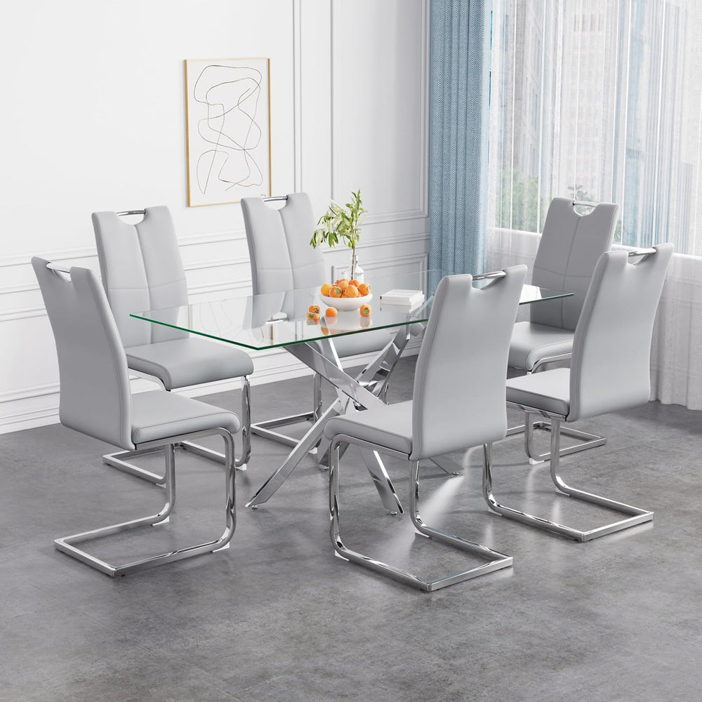 63'' Luxury Dining Table Set for 6, 7 Pieces Modern Rectangular Clear...