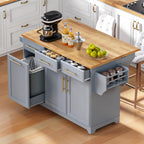 59.3" Kitchen Island with Drop Leaf and Pull Out Trash Can Storage Cabinet, Rolling Kitchen Island Table with Power Outlet, Spice & Towel Rack for Kitchen, Dining, Grey Blue
