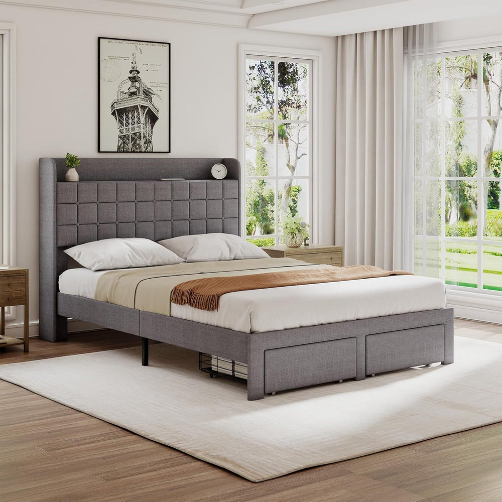 DUMOS Full Bed Frame, Upholstered Platform Bed Frame with Storage Drawers
