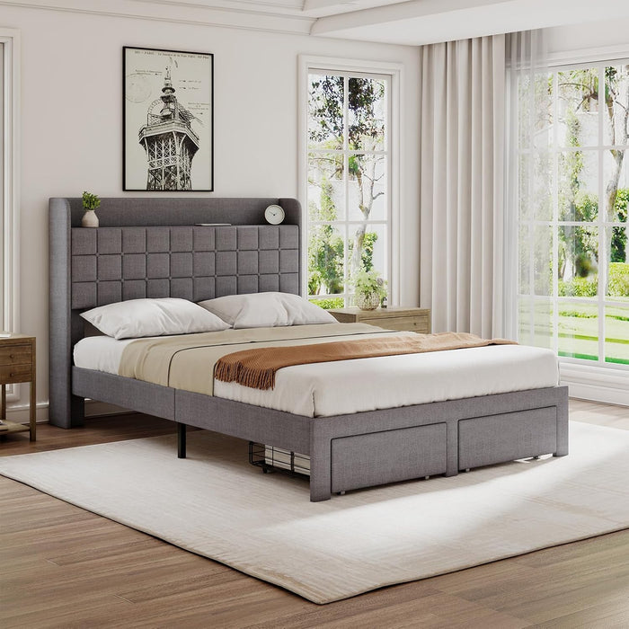 DUMOS Full Bed Frame, Upholstered Platform Bed Frame with Storage Drawers