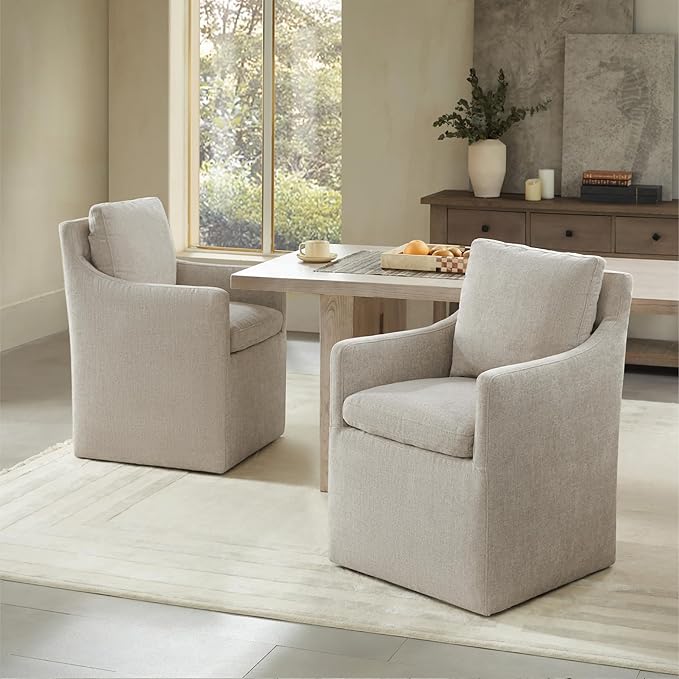 Upholstered Dining Chairs with Casters, No Assembly Modern Accent Armchair with Rollers for Dining Room, Bedroom, Living Room, Reading Room, Already Assembled, Sand, 4 Box