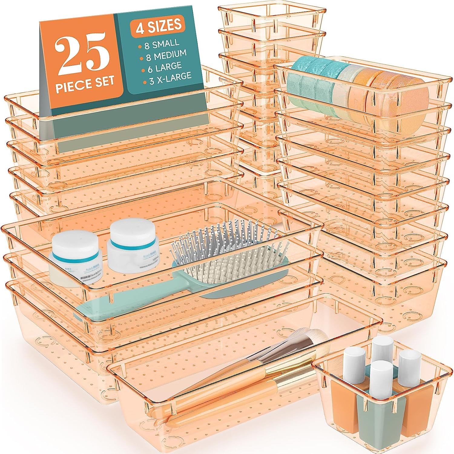 WOWBOX 25 PCS Plastic Drawer Organizer Set, 4 Sizes Desk Drawer Divider Organizers and Storage Bins for Makeup, Jewelry, Gadgets for Kitchen, Bedroom, Bathroom, Office, Clear Orange
