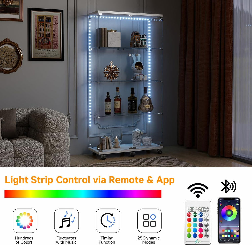 Tempered Glass Display Cabinet with Light Strip, 4-Tier Curio Cabinet with Glass Doors Wheels Locks, Glass Display Case for Collectibles for Living Room, Bedroom, Office, White, Double Door