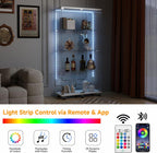 Tempered Glass Display Cabinet with Light Strip, 4-Tier Curio Cabinet with Glass Doors Wheels Locks, Glass Display Case for Collectibles for Living Room, Bedroom, Office, White, Double Door