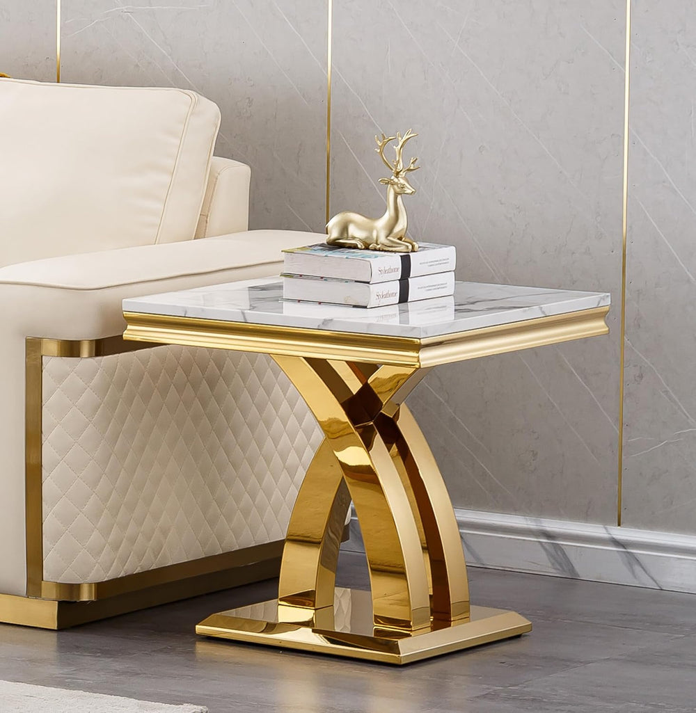 SSLine Modern White Faux Marble End Table Luxury Square Sofa Side Table with ...