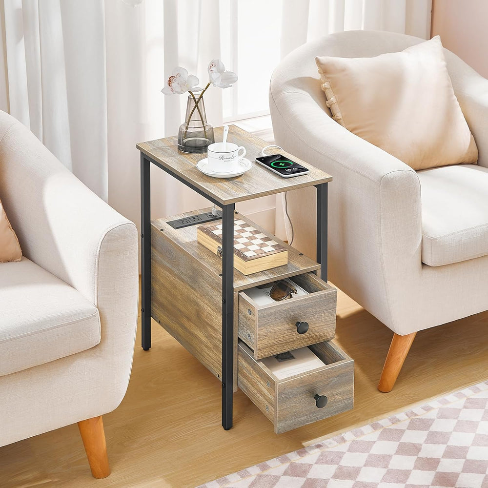 HOOBRO End Table with Charging Station, Narrow Side Table with 2 Drawer &...