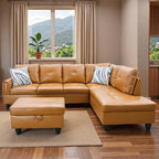 Sectional Couches for Living Room with Movable Chaise & Storage Ottoman - 97.5" Leather L Shaped Couches for Living Room Apartment, 4 Seat Home Furniture Modular Sectional Sofas, Orange