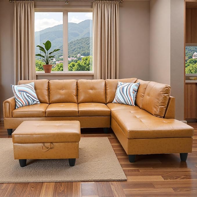Sectional Couches for Living Room with Movable Chaise & Storage Ottoman - 97.5" Leather L Shaped Couches for Living Room Apartment, 4 Seat Home Furniture Modular Sectional Sofas, Orange