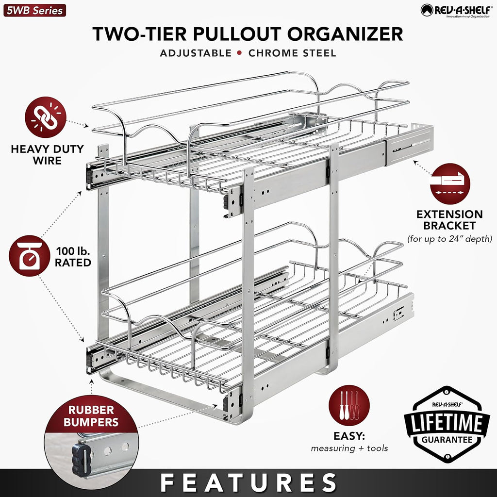 Rev-A-Shelf 2-Tier Kitchen Cabinet Pullout Shelf and Drawer Organizer Slide Out Pantry Storage Basket in Multiple Sizes, 12 x 22 In, 5WB2-1222CR-1