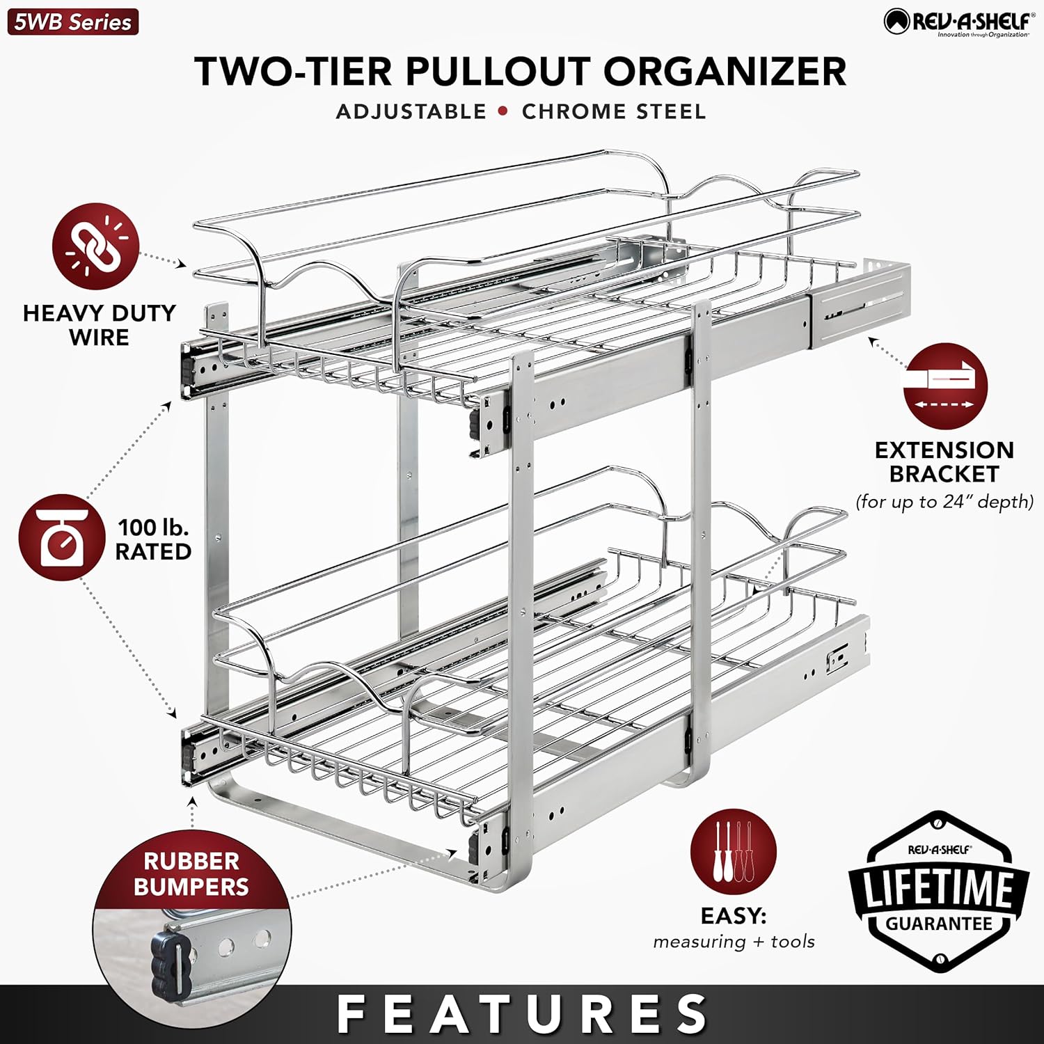 Rev-A-Shelf 2-Tier Kitchen Cabinet Pullout Shelf and Drawer Organizer Slide Out Pantry Storage Basket in Multiple Sizes, 12 x 22 In, 5WB2-1222CR-1
