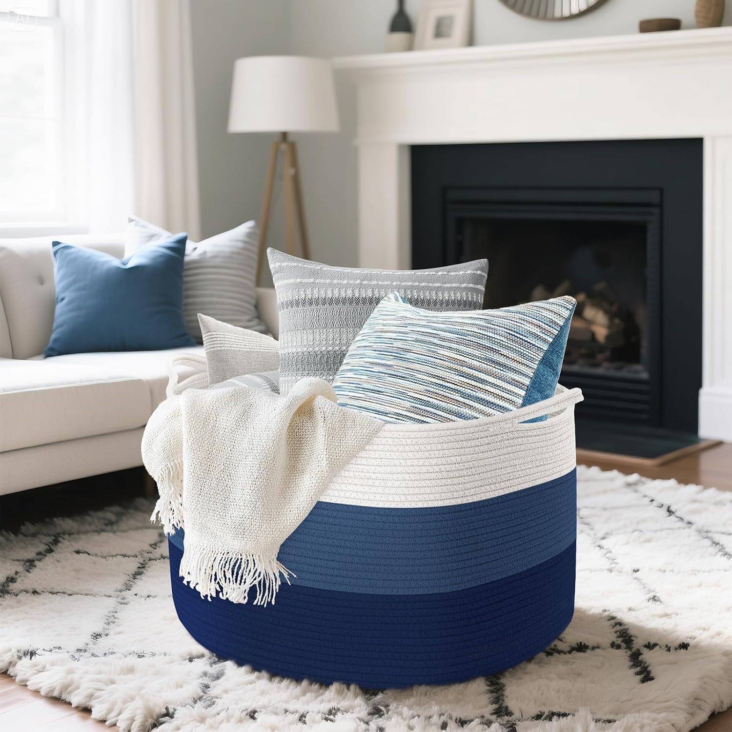 Maliton Woven Rope Blanket Basket Living Room, Storage Basket for Toy, 90L | 22x22x14 cotton rope basket. Holds blankets, toys & towels & laundry. For bedroom, nursery, bath & playroom. Soft & durable.