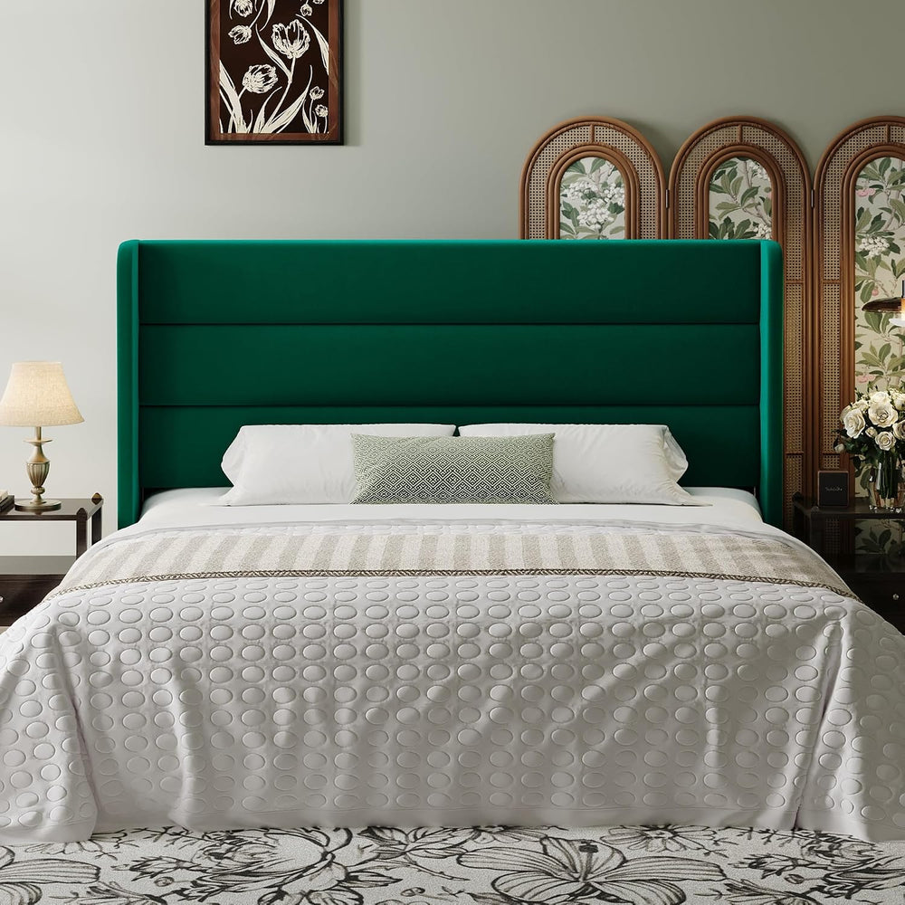 SHA CERLIN King Size Velvet Bed Frame with Wingback Headboard/Upholstered Pla...