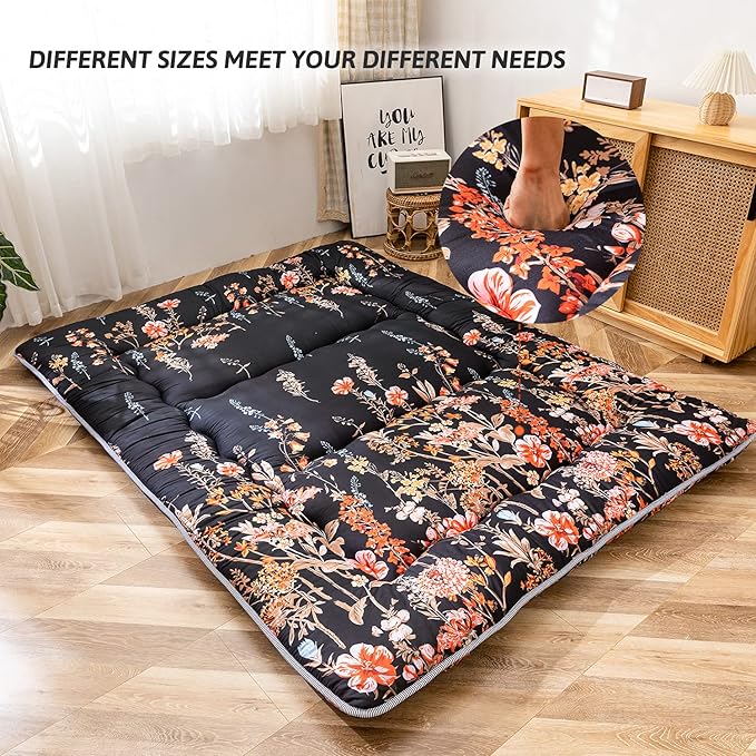 MAXYOYO Japanese Floor Mattress Futon Mattress, 4" Thicken Tatami Mat Sleeping Pad Foldable Roll Up Mat Boys Girls Dormitory Pad Kids Floor Lounger Pillow Bed, Charcoal Grey, Queen Size