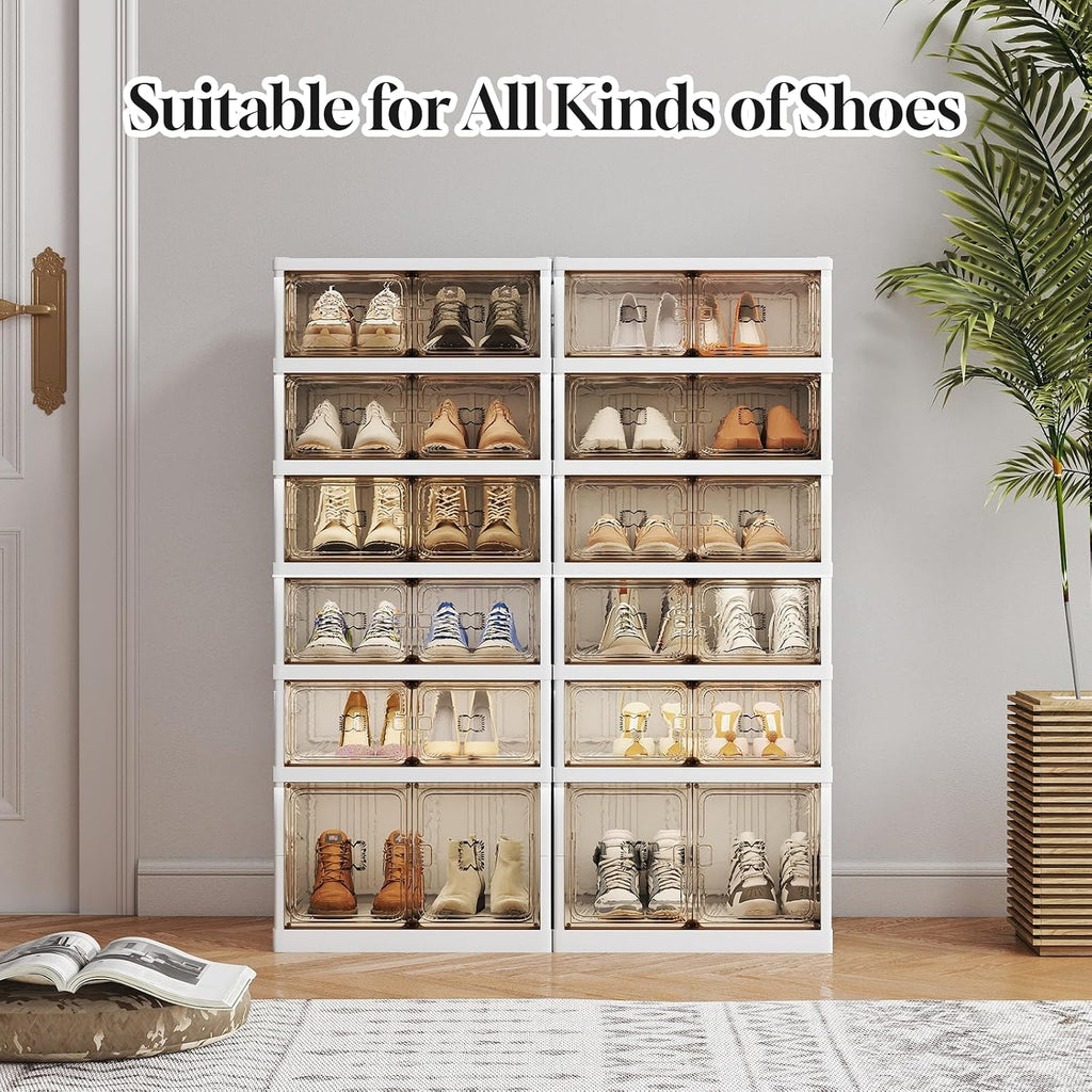 6-Tier Foldable Shoe Rack Organizer, 24 Pairs Stackable & Collapsible Shoe Cabinet with Transparent Doors & Leather Handles, Space-Saving Storage for Entryway, Closet, Kitchen, Cabinet, White