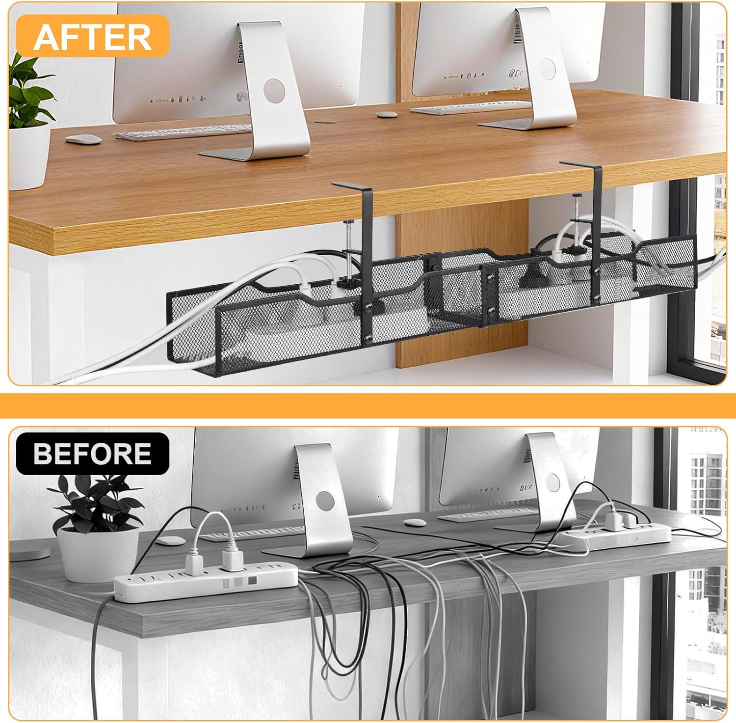30'' Under Desk Cable Management - No Drill Installation Cable Management Tray, Modern Cord Organizer for Office/Home Desk, Fits Power Strips & Wires(Black, XXL)