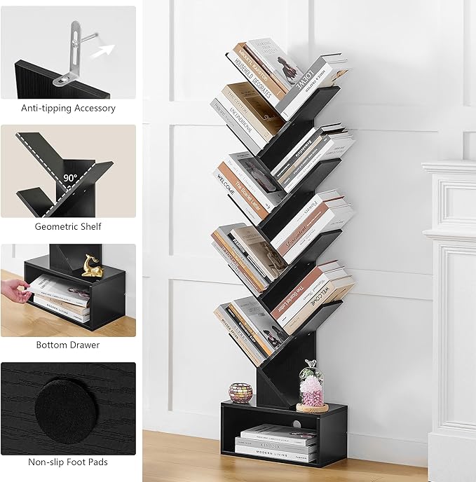 Hoctieon 9 Tier Tree Bookshelf, Tall Bookcase with Drawer, Wood Book Shelf, M...