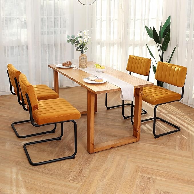 ONEVOG Velvet Dining Chairs Set of 4, Upholstered Kitchen Dining Room Chairs with Striped Open Back, Comfy Orange Chair Armless, Dinner Chair for Party, Black Chrome Metal Legs