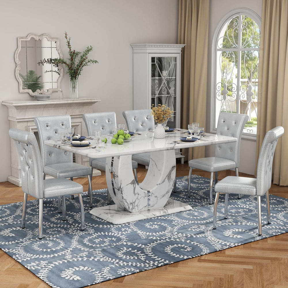 JUFU 63-Inch Faux Marble Dining Table Set for 6, Gray Chairs, Silver Legs