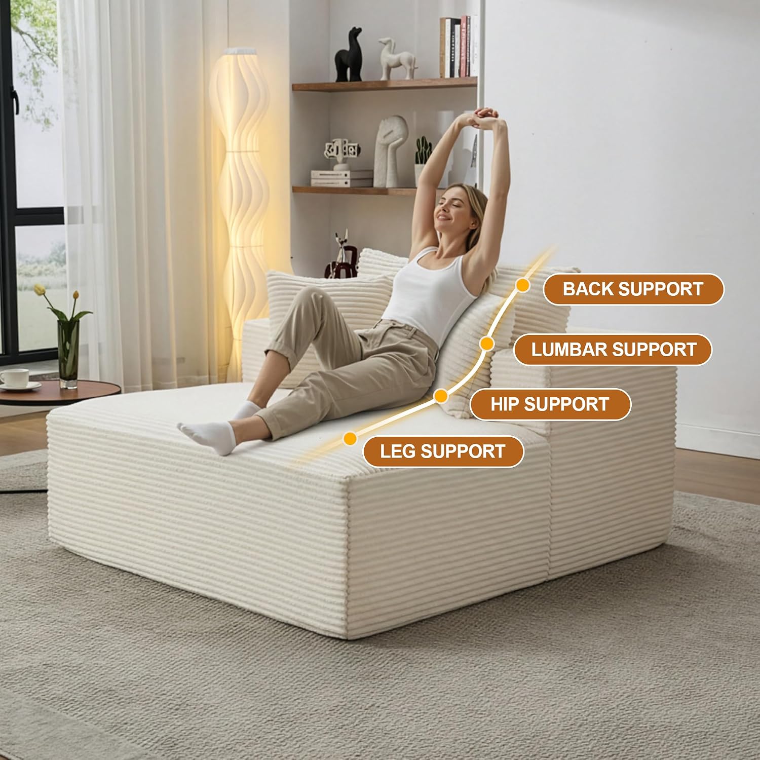 Qulomvs 57" Oversized Chaise Lounge Chair Indoor, No Assembly Boneless Couch, Corduroy Upholstered Sofa Bed, Deep Seat Comfy Reading Chair, Cloud Sleeper Couch for Living Room, Bedroom (Beige)