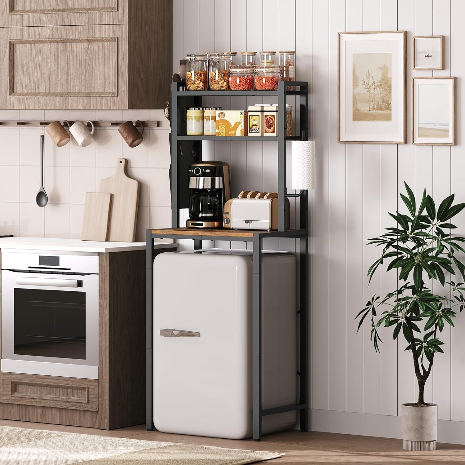 MAHANCRIS Bakers Rack with Mini Fridge Shelf, 3-Tier Microwave Stand, Coffee Bar Station with Paper Holder, Freestanding Kitchen Storage Rack, for Kitchen, Rustic Brown and Black BRHR5401
