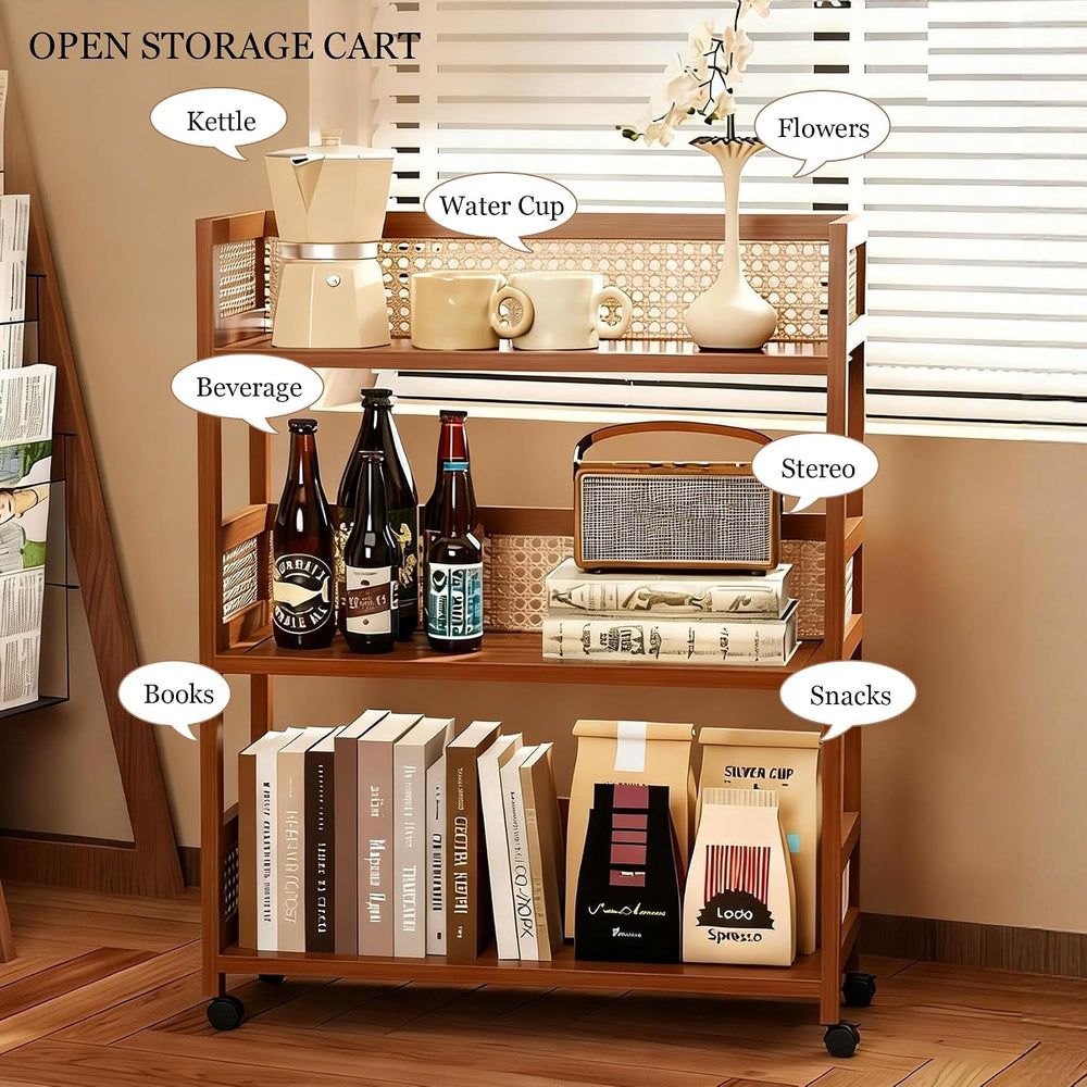 2-Tier Rolling Cart,Open Rattan Bookcase and Bookshelf,Mobile Bookshelf with ...