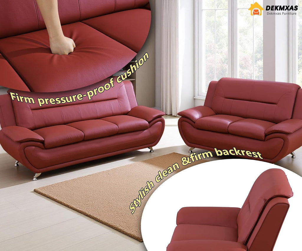 Living Room Furniture Sets, Red Faux Leather Sofa Couch for Living Room, Sofa and Loveseat for Office, Bedroom, Apartment