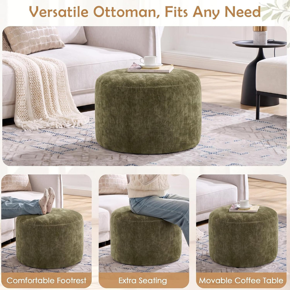 Upholstered Round Green Pouf Ottoman Set of 2, Modern Footstools | Chenille F...