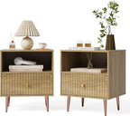 Wood Night Stand Set 2,Modern Bedside Table with Door and Open Storage,Fluted Nightstand and Wood End Side Table with Rose Gold Metal Legs and Handles for Bedroom,Living Room,Natural
