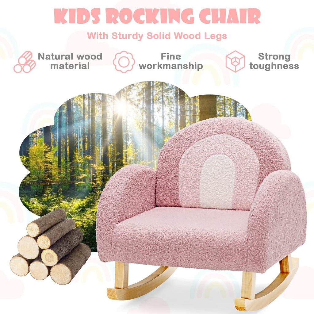 INFANS Kids Sofa, Toddler Rocking Chair with Solid Wooden Frame, Anti-Tipping Design, Plush Fabric, Children Armchair for Nursery Kindergarten Playroom Preschool, Gift for Boys Girls (Pink)